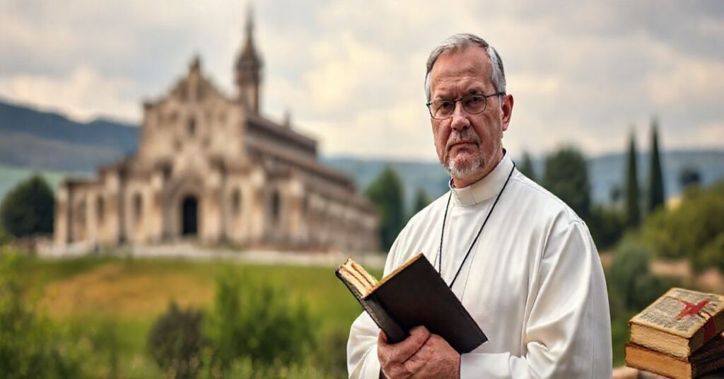 Tradycyjny katolicki książ w uroczym pozowaniu przed opactwem benedyktyńskim, trzymając książściśłe, symbolizujący obronę katolickiej nauki przed nowoczesnymi herezjami.