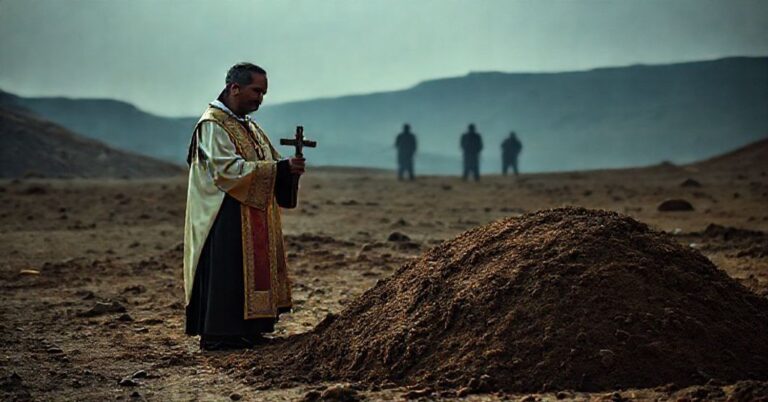 Katy katolicyjski książ w tradycyjnych szatach liturgicznych stoi przy masowym grobie w pobliżu kopalni złota Ndassima w Republice Środkowoafrykańskiej, trzymając krucyfiks.