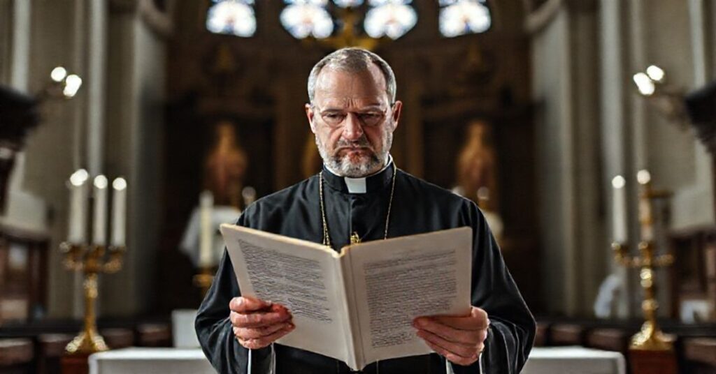 Ksiądz w tradycyjnym habitacie trzyma dokument modernistycznego programu duszpasterskiego w kościele