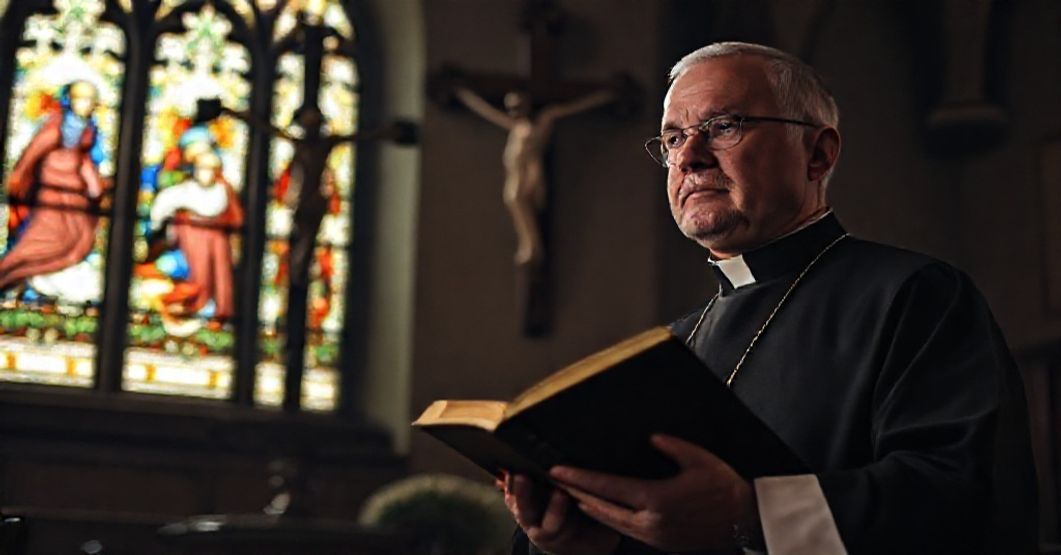 Sobór Trójcy Świętej: ksiądz w ornaty przed krucyfiksem w tradycyjnym kościele katolickim