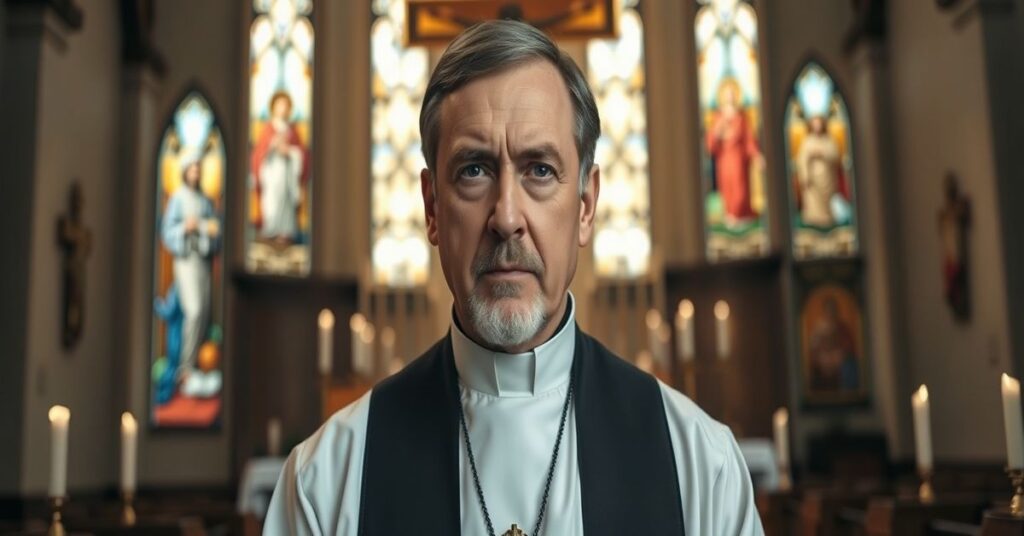 Ksiądz tradycyjny w kościele, symbolizujący walkę o prawdę wiary