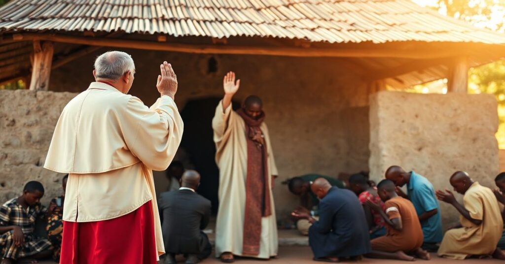 Ksiądz w tradycyjnym ornacie stojący przed kościołem w afrykańskiej wiosce, z modlącymi się wiernymi na kolanach. Scena symbolizuje duchową walkę z modernizmem.