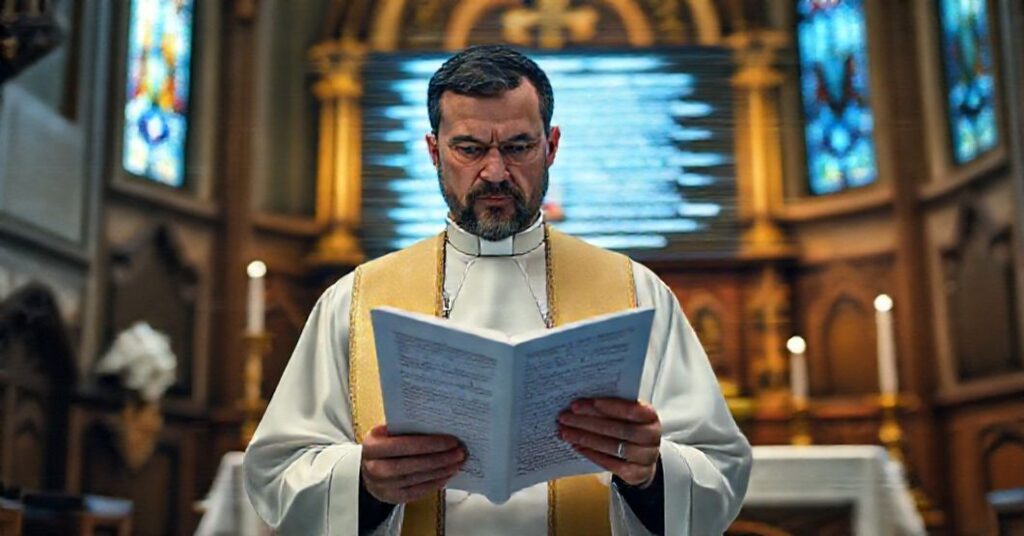 Prawnik w tradycyjnym ornacie kapłańskim przed ołtarzem w kościele z widokiem rozmytego ekranu komputerowego z tekstem wygenerowanym przez sztuczną inteligencję na tle