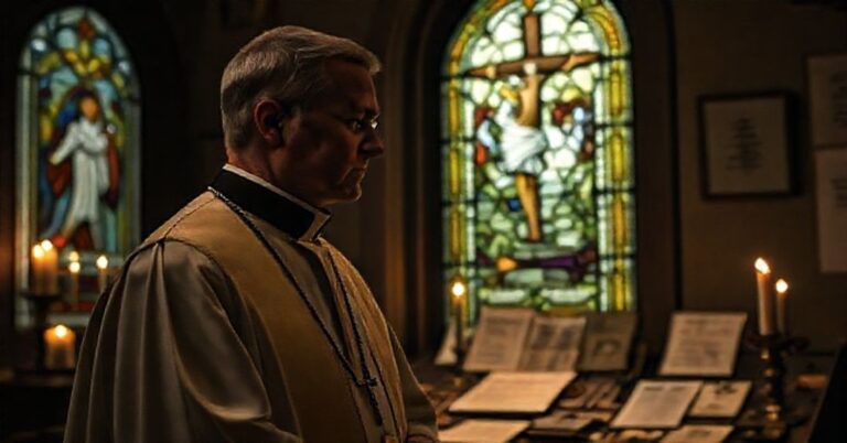 Ksiądz w tradycyjnej szacie liturgicznej modli się przed artefaktami obozowymi, w tle witraż przedstawiający Ukrzyżowanie.