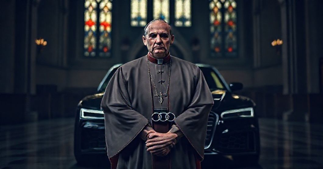 Ksiądz katolicki w tradycyjnych szatach stoi przed luksusowym samochodem Audi RS 7 Sportback, symbolizując ostrzeżenie przed materializmem i idolatrią technologii.