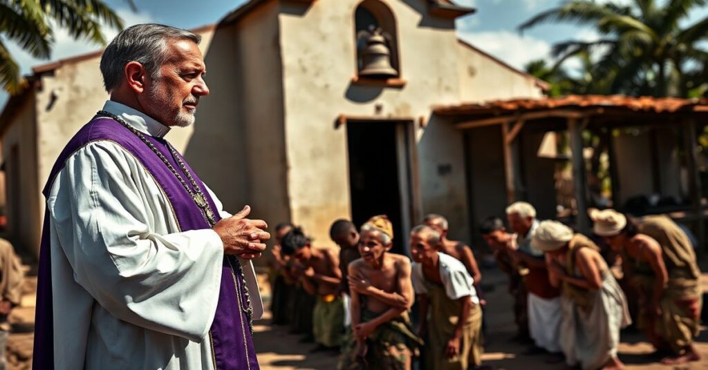 Tradycyjny katolicki ksiądz w biało-fioletnej szacie stoi przed kościołem w Bayamo na Kubie, otoczony głodującymi mieszkańcami modlącymi się na kolanach. Scena przekazuje głęboki kryzys duchowy i potrzebę nawrócenia.