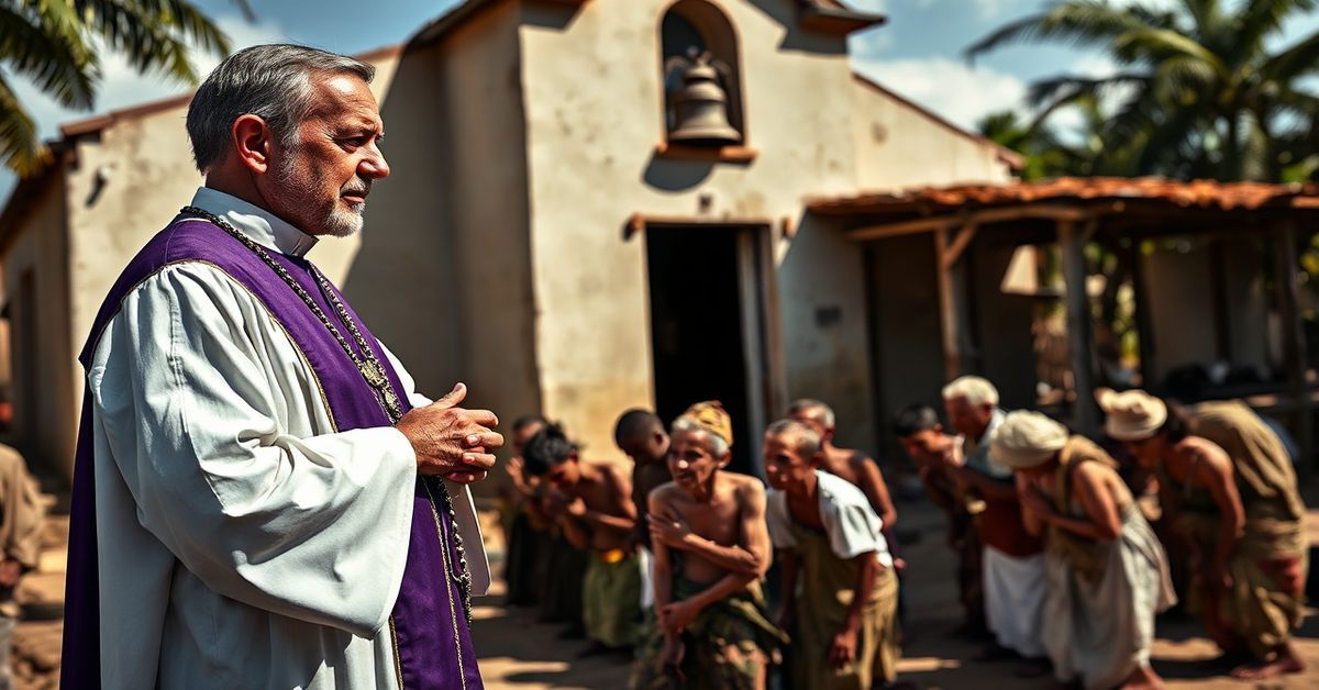 Tradycyjny katolicki ksiądz w biało-fioletnej szacie stoi przed kościołem w Bayamo na Kubie, otoczony głodującymi mieszkańcami modlącymi się na kolanach. Scena przekazuje głęboki kryzys duchowy i potrzebę nawrócenia.