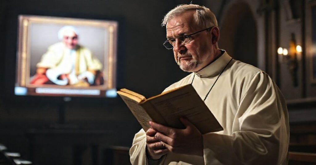 Tradycyjny katolicki ksiądz w kaplicy trzymający książkę św. Roberta Bellarmina, symbolizujący kryzys autorytetu w erze sztucznej inteligencji
