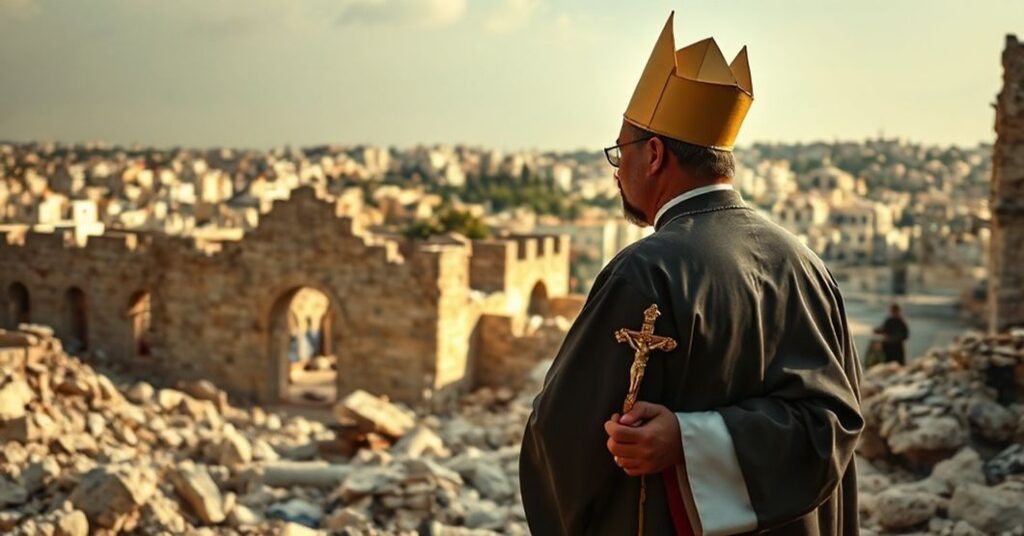 Katolicki ksiądz w tradycyjnych szatach liturgicznych stoi wśród ruin niszczonej przez bomby kościoła w Betlejem, trzymając krzyż. Na tle widoczne są żydowskie osiedla.