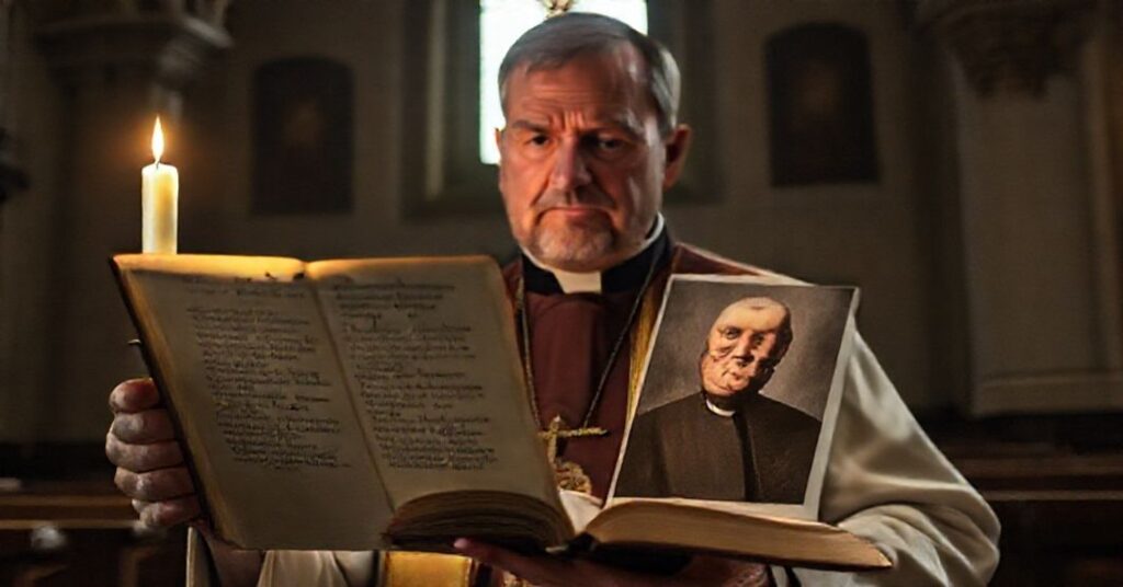 Ksiądz w tradycyjnym habitach stoi w kościele przy świecy, trzymając Biblię z polskimi insygnacjami historycznymi. Na Biblii widoczne są zdjęcia Viktora Orbána, symbolizujące fałszowanie historii.