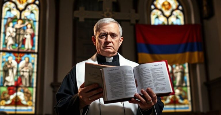 Ksiądz w tradycyjnym stroju kościelnym trzyma Biblię przed krzyżem w kościele