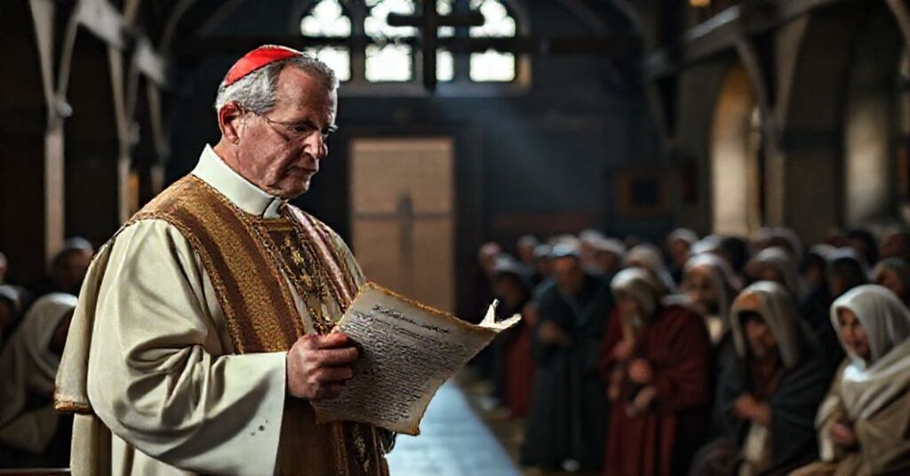 Tradycyjny ksiądz w szatach liturgicznych stojący przed biednymi w opuszczonym kościele, trzymający dokument 'Dilexit te' z troskliwym wyrazem twarzy.