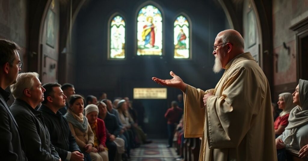 Katolicki ksiądz w tradycyjnych szatach liturgicznych udziela błogosławieństwa ukraińskim uchodźcom w zniszczonym kościele podczas wojny.
