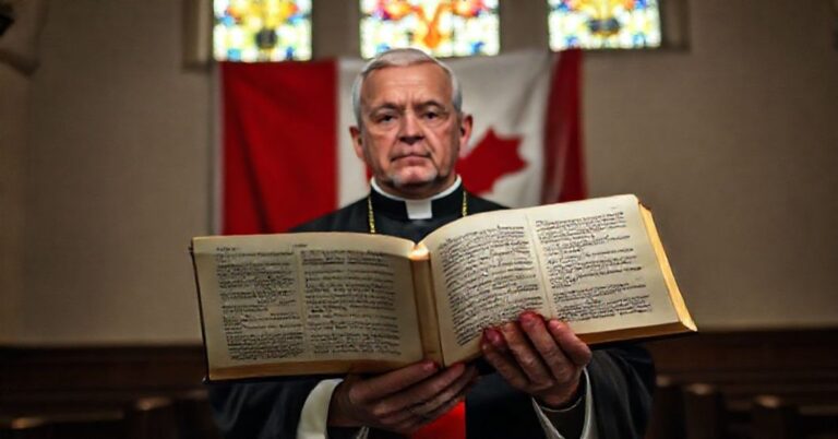 Ksiądz w tradycyjnych szatach kościelnych trzyma otwartą Biblię z podświetlonym fragmentem potępiającym sodomię