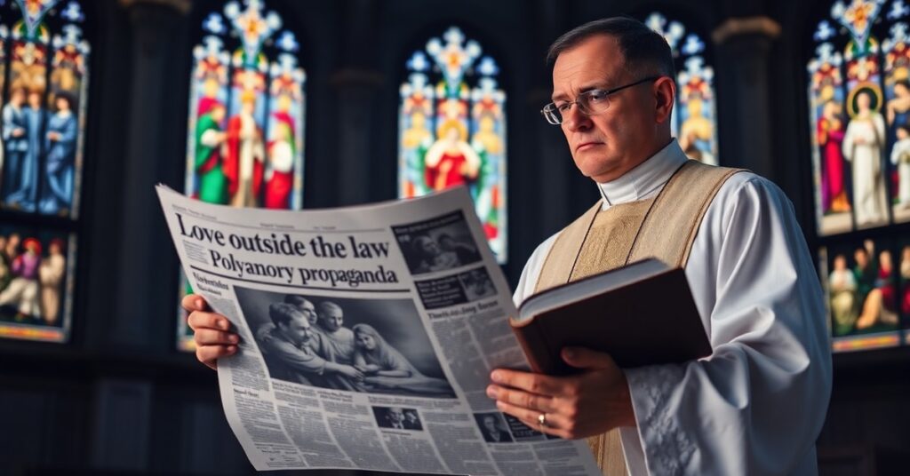 Ksiądz w tradycyjnych szatach kościelnych trzyma Biblię przed gazetą z nagłówkiem o poliamorii w ciemnym kościele z witrażami przedstawiającymi małżeństwo.