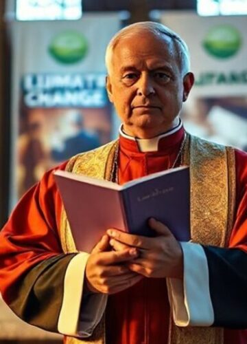 Ksiądz broni wiary przed globalistyczną agendą klimatyczną Ksiądz w tradycyjnych szatach kapłańskich stojący przed ołtarzem z encykliką Laudato Si', z tłem modernistycznych transparentów ekologicznych.