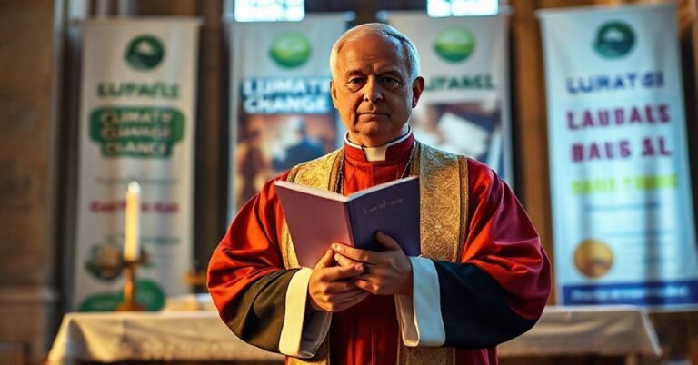 Ksiądz w tradycyjnych szatach kapłańskich stojący przed ołtarzem z encykliką Laudato Si', z tłem modernistycznych transparentów ekologicznych.