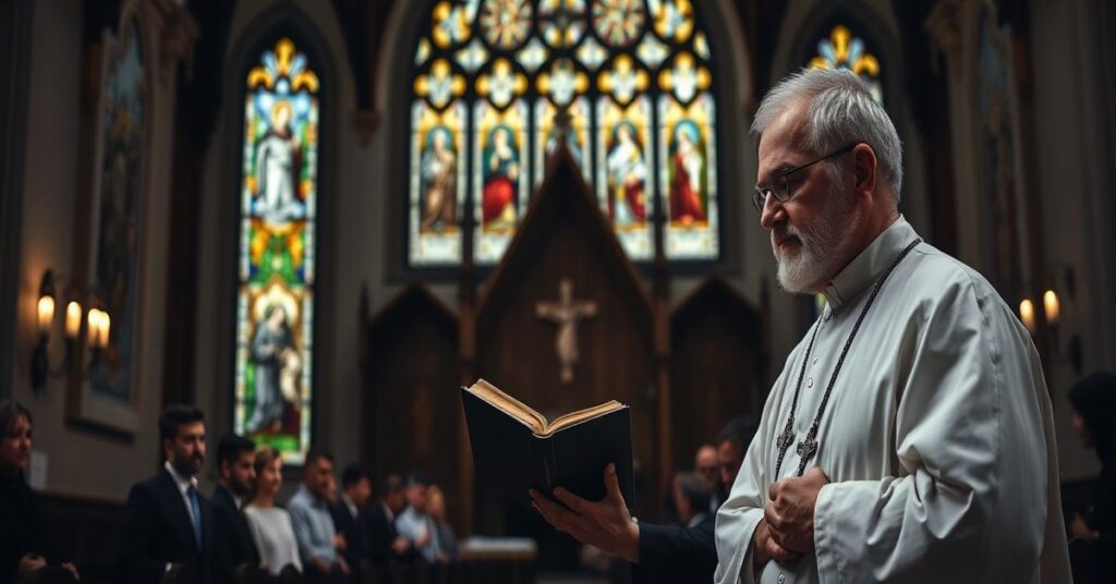 Tradencyjny ksiądz stoi przed kościołem w Szczecinie, symbolizując opór wobec bioetycznego relatywizmu i procedur in vitro.