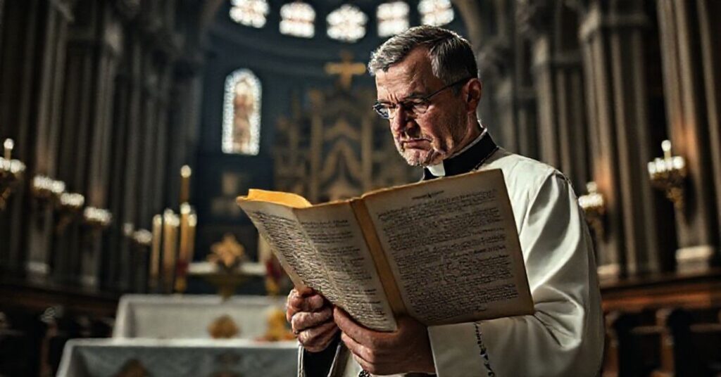 Tradycyjny ksiądz w katedrze trzymający Kredo Nicejskie przed zdewastowanym ołtarzem nowoczesnej sekty