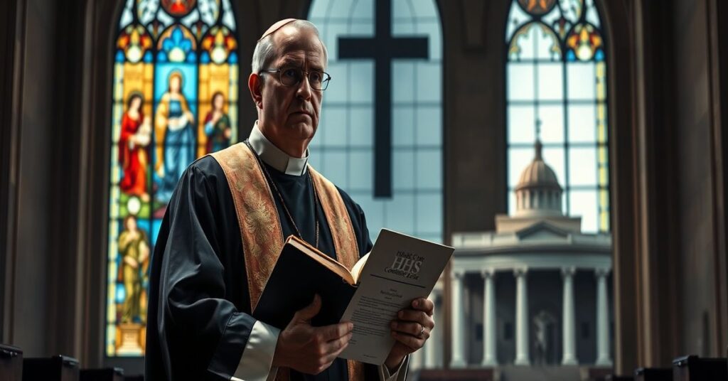 Ksiądz w tradycyjnych szatach kościelnych trzyma Biblię przed budynkiem HHS w USA z napisem 'HHS Conscience Rights', symbolizując walkę o sumienie i wartości katolickie.