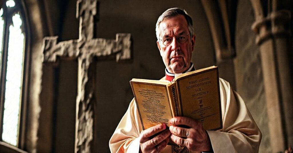 Powagi katolicki ksiądz w tradycyjnych szatach stoi przed starym krzyżem, trzymając Katechizm Soboru Trydenckiego, wyrażając głęboką troskę i powagę w obronie niezmiennych prawd Wiary.