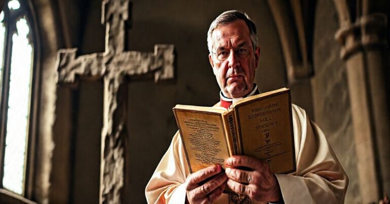 Powagi katolicki ksiądz w tradycyjnych szatach stoi przed starym krzyżem, trzymając Katechizm Soboru Trydenckiego, wyrażając głęboką troskę i powagę w obronie niezmiennych prawd Wiary.