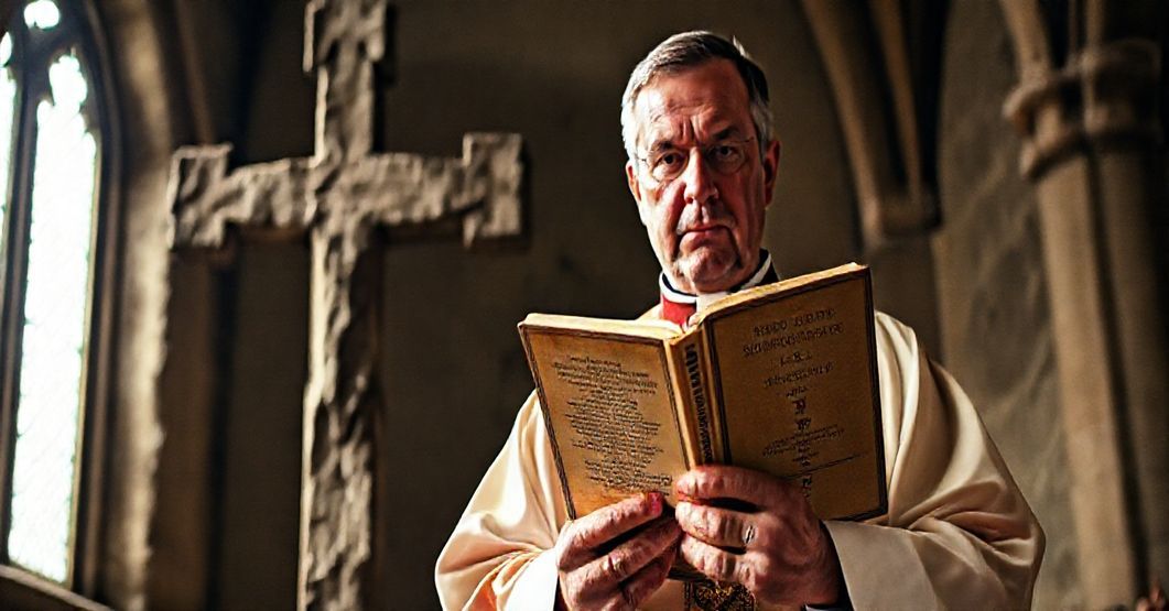 Powagi katolicki ksiądz w tradycyjnych szatach stoi przed starym krzyżem, trzymając Katechizm Soboru Trydenckiego, wyrażając głęboką troskę i powagę w obronie niezmiennych prawd Wiary.