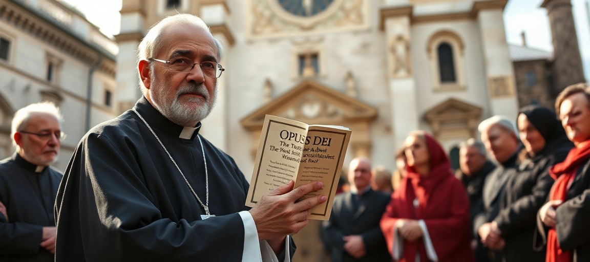 Ksiądz w stroju liturgicznym stoi przed starym kościołem, trzymając książkę o Opus Dei.