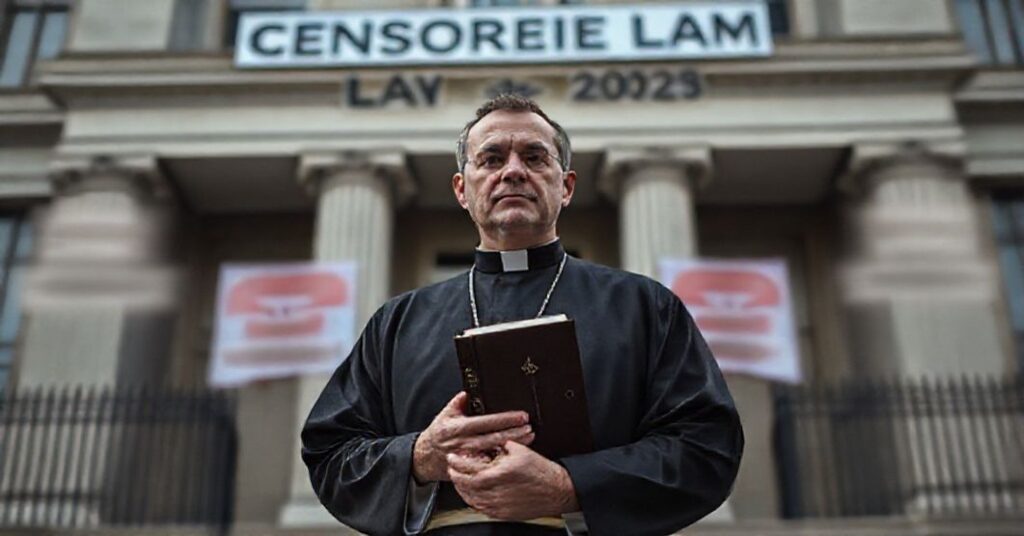 Ksiądz katolicki stojący przed budynkiem rządowym z tablicą "Ustawa o cenzurze 2025", otoczony cyfrowymi symbolami cenzury