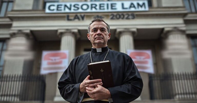 Ksiądz katolicki stojący przed budynkiem rządowym z tablicą "Ustawa o cenzurze 2025", otoczony cyfrowymi symbolami cenzury