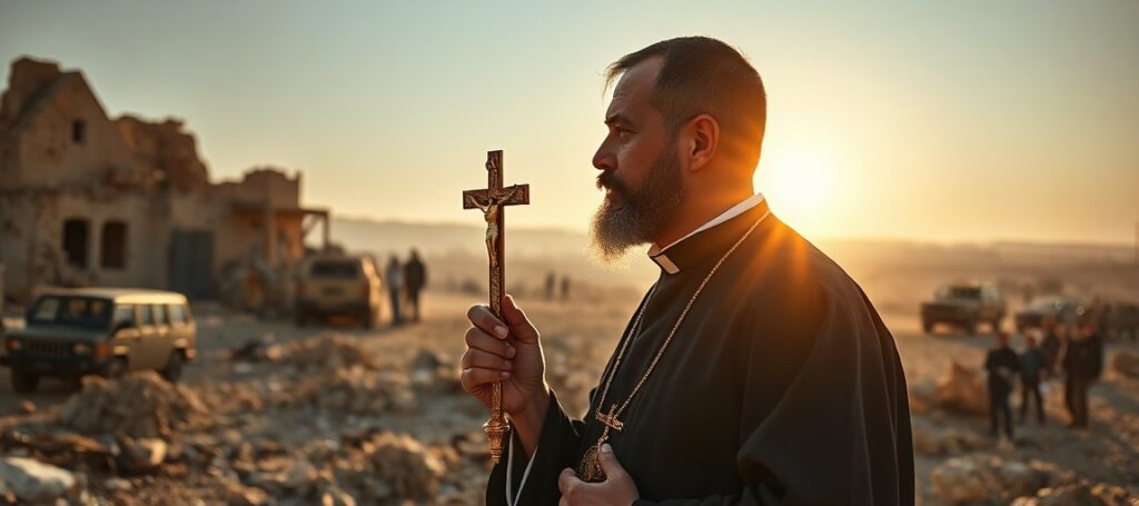 Ksiądz w tradycyjnych szatach stoi w ruinach beduińskiej wioski Chan al-Ahmar na Zachodnim Brzegu, trzymając krzyż i patrzący na horyzont. Tło przedstawia izraelskie pojazdy wojskowe i protestujących Palestyńczyków.