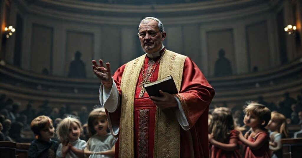 Ksiądz w tradycyjnych szatach kościelnych chroni dzieci przed ideologią LGBTQ+, symbolizując obronę praw naturalnych i rodziny.