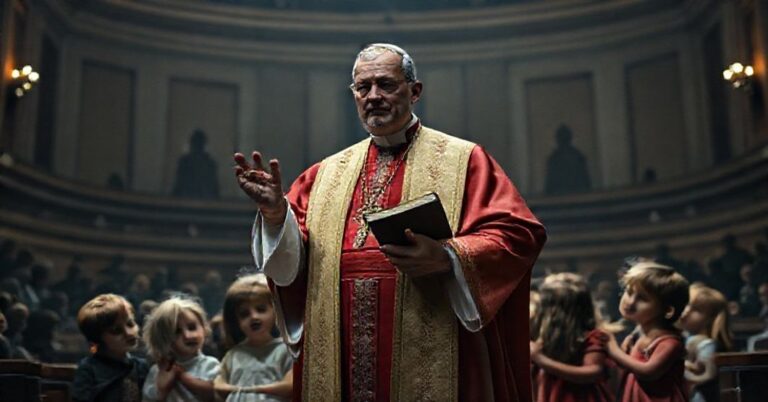 Ksiądz w tradycyjnych szatach kościelnych chroni dzieci przed ideologią LGBTQ+, symbolizując obronę praw naturalnych i rodziny.