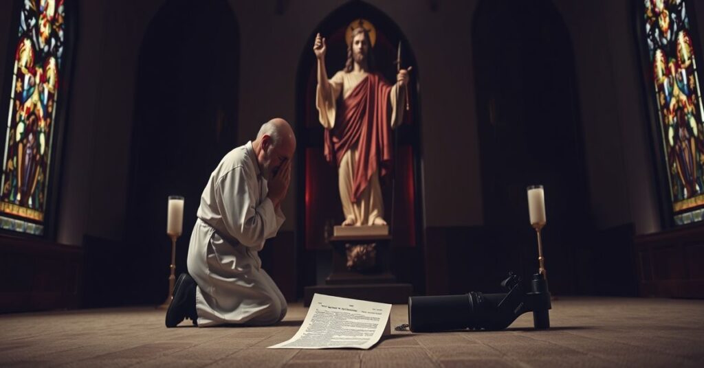 Ksiądz modlący się przed rzeźbą Chrystusa Króla z dokumentem prawnym dotyczącym praw pro-life w Teksasie przy stopach.