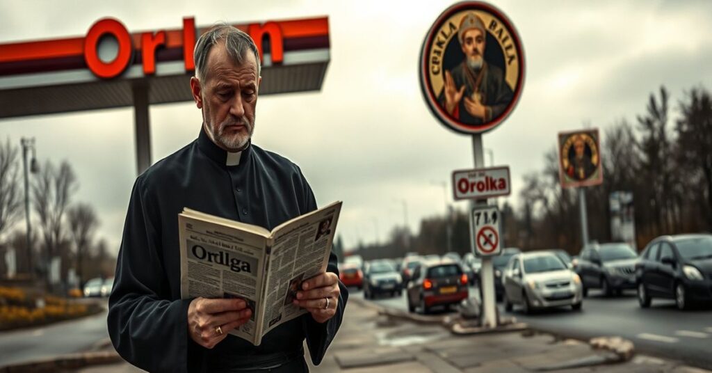 Ksiądz w tradycyjnym habitacie czytający artykuł o podwyżkach cen paliw na stacji benzynowej Orlen, z tłem symbolizującym ekonomiczny ucisk i brak etyki chrześcijańskiej.
