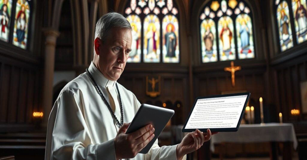 Ksiądz katolicki w tradycyjnym stroju kościelnym czyta tablet z fałszywymi informacjami generowanymi przez sztuczną inteligencję w starożytnej gotyckiej katedrze.