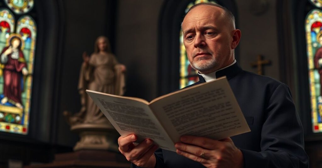 Traditionalny ksiądz w sukmanie czytający list "biskupa" Andrzeja Czai w kościele z witrażem przedstawiającym Chrystusa Króla.