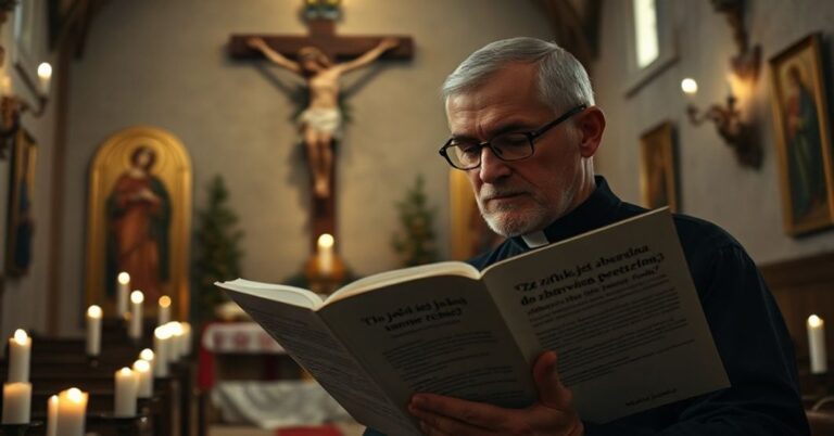 Ciemna kaplica z tradycyjnymi katolickimi ikonami przedstawiającymi księdza czytającego książkę o sztuce i zbawieniu w nastrojowym oświetleniu.