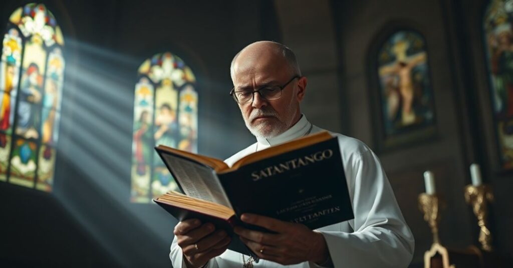 Katolicki ksiądz czytający książkę w tradycyjnym kościele, symbolizujący walkę z nihilizmem w literaturze.