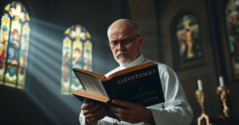 Katolicki ksiądz czytający książkę w tradycyjnym kościele, symbolizujący walkę z nihilizmem w literaturze.
