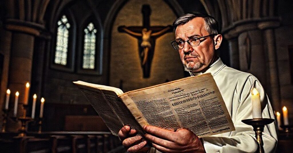 Ksiądz w kościele czyta artykuł z Tygodnika Powszechnego o modernizmie, światło świec odbijają się od gotyckich murów