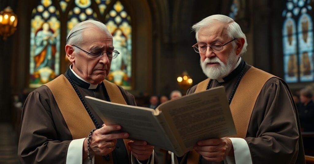 Stary ksiądz w tradycyjnych szatach liturgicznych czytający dokument o fałszywych odpustach w kościele.