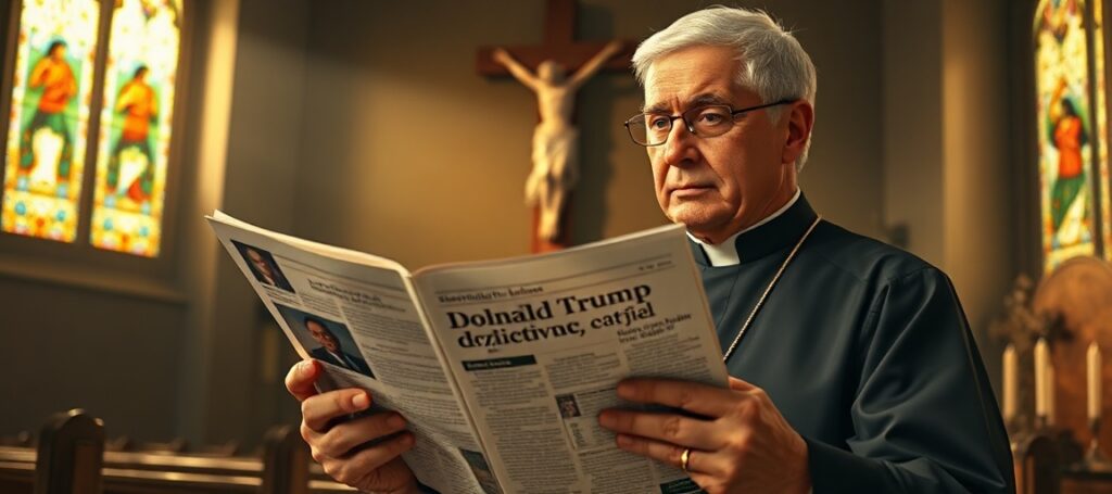 Prawdziwy katolicki ksiądz w tradycyjnym habitacie czytający artykuł o kulinarnych dziwactwach Donalda Trumpa z wyraźnym niepokojem na twarzy.
