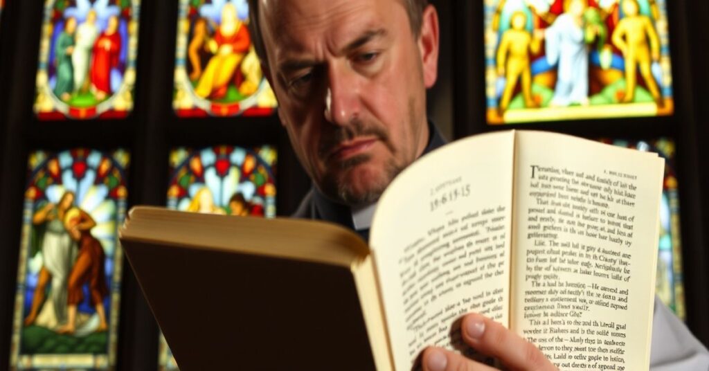 Ksiądz w sutannie czytający Pismo Święte w kościele, podkreślając powagę chrześcijańskiej jałmużny wobec nowoczesnych fałszywych interpretacji.