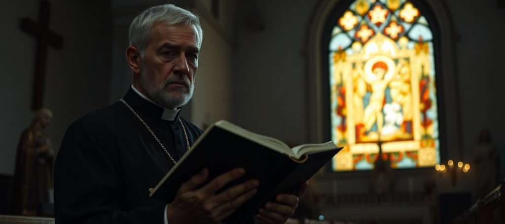 Ksiądz Daniel O'Connor w kościele z Biblią w ręku, na tle niepokojącego światła UFO