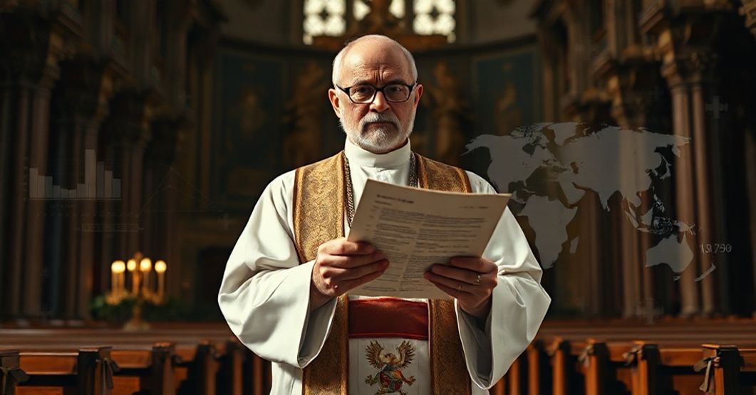 Ksiądz i dokument finansowy - konflikt wiary i systemu Ksiądz w tradycyjnej kaplicy trzyma dokument finansowy z zaniepokojeniem, otoczony symbolami finansowymi i globalnymi korporacjami. Konflikt wiary i współczesnego systemu finansowego.