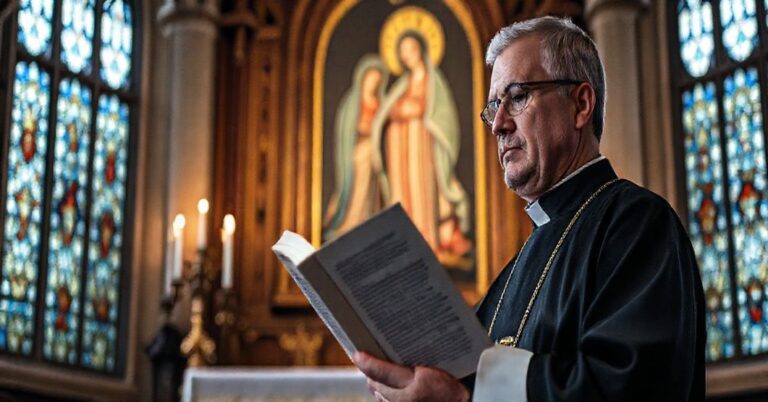 Ksiądz w liturgicznych szatach stoi przed ołtarzem, trzymając dokument 'Mater Populi Fidelis', z poważnym i modlitewnym wyrazem twarzy, na tle tradycyjnej ikony Matki Boskiej.