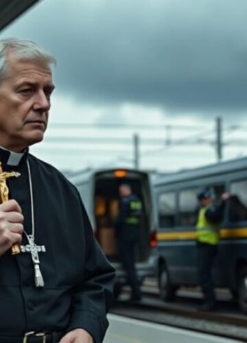 Ksiądz i konfiskowane aktywa mafii na dworcu Ksiądz w tradycyjnym ornacie stoi przed dworcem kolejowym, trzymając krzyż podczas ładowania konfiskowanych aktywów mafii przez włoską policję.
