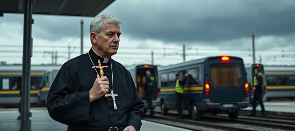 Ksiądz w tradycyjnym ornacie stoi przed dworcem kolejowym, trzymając krzyż podczas ładowania konfiskowanych aktywów mafii przez włoską policję.