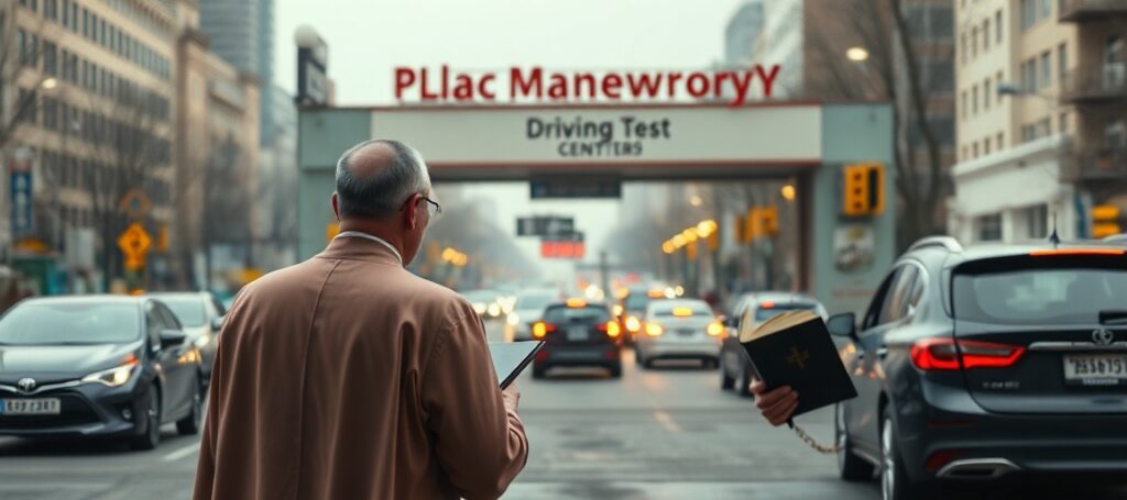 Ksiądz w tradycyjnych szatach kościelnych stoi przed zamkniętym ośrodkiem egzaminacyjnym z wyblakłym napisem 'Plac Manewrowy', trzymając Biblię i patrzący na zanieczyszczoną ulicę z chaotycznym ruchem. Scena podkreśla konflikt między świeckimi reformami a nauką Kościoła o odpowiedzialności moralnej.